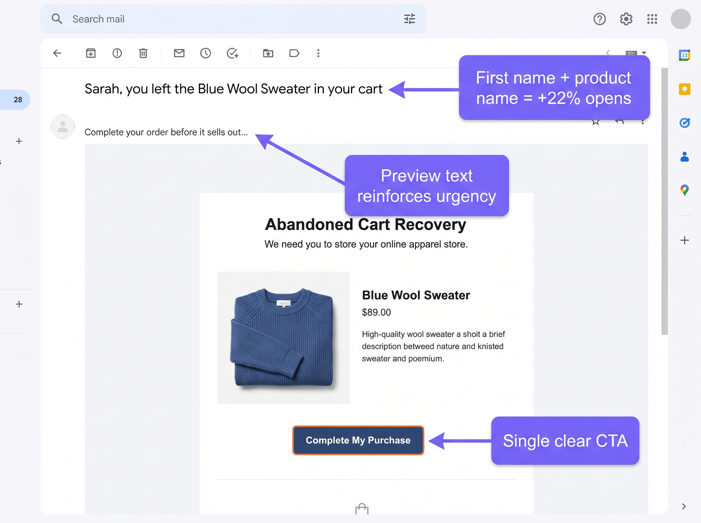 Annotated abandoned cart email screenshot showing personalized subject line with first name and product name, urgency preview text, and single clear call-to-action button