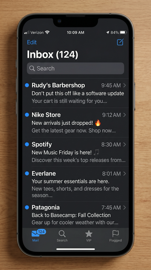 iPhone dark mode email inbox showing Rudy's Barbershop abandoned cart subject line Don't put this off like a software update